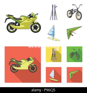 Motorcycle, mountain skiing, biking, surfing with a sail.Extreme sport set collection icons in cartoon,flat style vector symbol stock illustration . Stock Vector