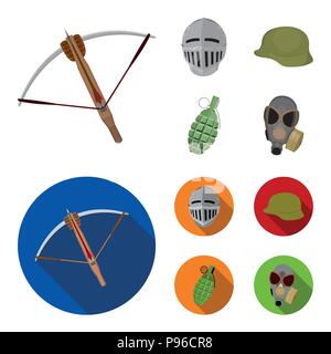 Crossbow, medieval helmet, soldier helmet, hand grenade. Weapons set collection icons in cartoon,flat style vector symbol stock illustration . Stock Vector