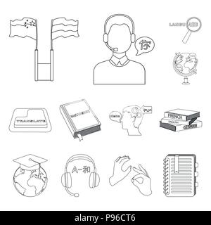Translator and linguist outline icons in set collection for design. Interpreter vector symbol stock  illustration. Stock Vector