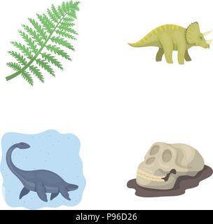 Sea dinosaur,triceratops, prehistoric plant, human skull. Dinosaur and prehistoric period set collection icons in cartoon style vector symbol stock il Stock Vector