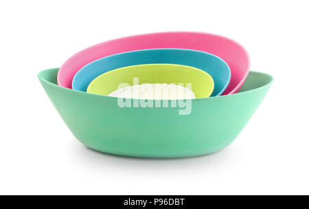 Set of multicolored bowls isolated on white background Stock Photo