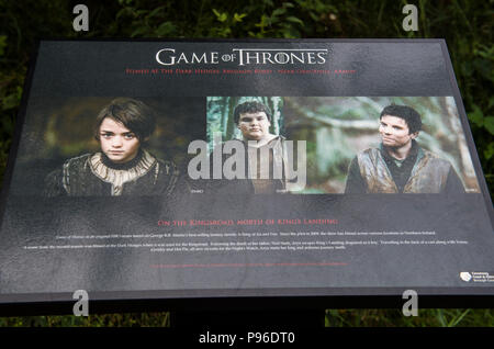 Information board about the Game of Thrones television series filming location at the Dark Hedges in County Antrim, Northern Ireland Stock Photo