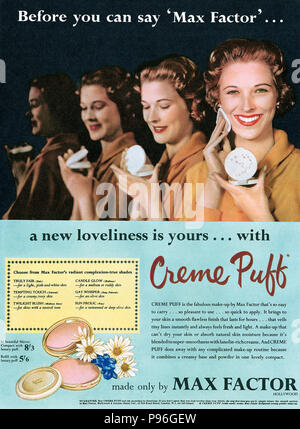 1956 British advertisement for Max Factor Creme Puff foundation powder. Stock Photo