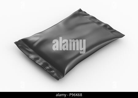 Blank black foil snack pillow bag on white background. Isolated include clipping path. 3d render Stock Photo