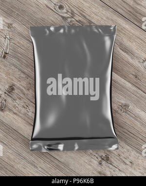 Blank black foil snack pillow bag on wooden background. Isolated include clipping path. 3d render Stock Photo
