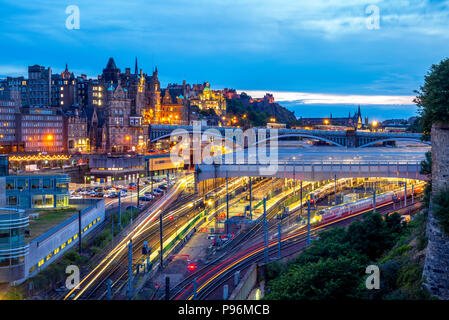 Edinburgh Waverley rail station with the Castle and Old Town beyond