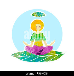 Cute beautiful cartoon girl in yoga lotus pose, meditating and