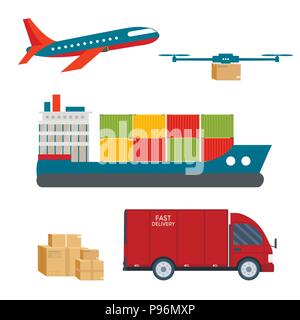 Logistics and delivery service set: truck with packages, helicopter, scooter, plane, cargo shipping, van. Postal service creative icons design. Vector Stock Vector