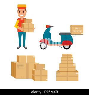 Logistics and delivery icon service isolated on white background: smiling couriers with packages, box, parcel,  scooter.  Postal service creative desi Stock Vector