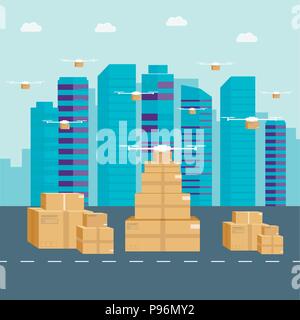 Logistics and delivery icon service of helicopter with package on city  background. Postal service creative drone design. Vector flat illustration. Stock Vector