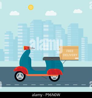 Logistics and delivery service concept: motorbike,  bike with packages, scooter and city background. Postal service creative icons design. Vector flat Stock Vector