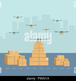Logistics and delivery icon service of helicopter with package on city  background. Postal service creative drone design. Vector flat illustration. Stock Vector