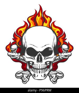 Hand drawn vintage stylized skull and bones in flames in tattoo style. Vector illustration. Stock Vector