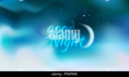 horizontal wide blurred dsrk blue night sky background - night sky colors - Good Night sign and Moon Stock Vector