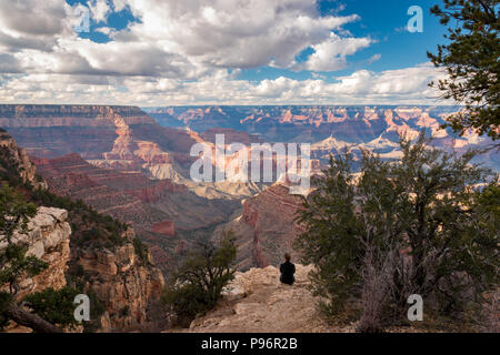 Woman sitting at Grand Viewpoint at Grand Canyon National Park on a sunny afternoon in autumn Stock Photo