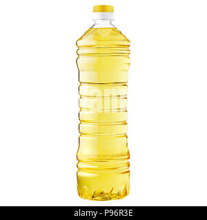 sunflower oil, golden color, in a plastic bottle, on a white background isolated, clipping path Stock Photo