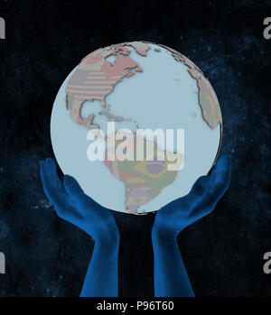 Caribbean with flag on globe in hands in space. 3D illustration. Stock Photo