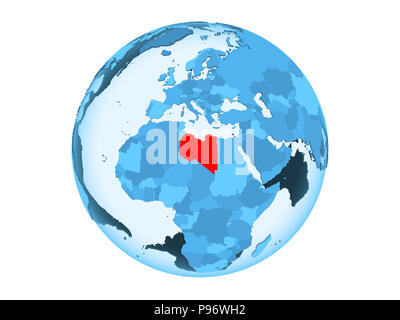 Libya highlighted in red on blue political globe with transparent oceans. 3D illustration isolated on white background. Stock Photo