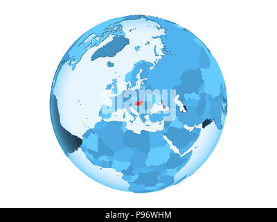 Hungary highlighted in red on blue political globe with transparent oceans. 3D illustration isolated on white background. Stock Photo