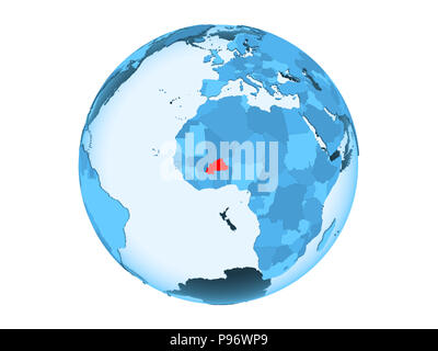 Burkina Faso highlighted in red on blue political globe with transparent oceans. 3D illustration isolated on white background. Stock Photo