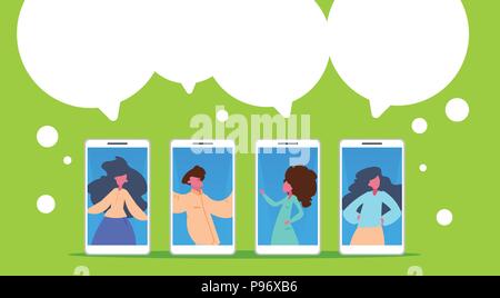 man woman communication mobile application chat bubbles portrait diversity poses horizontal green background flat Stock Vector