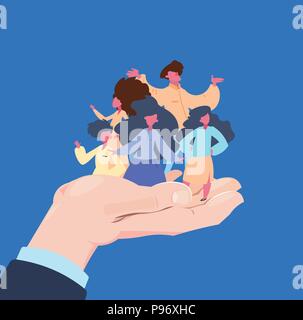 human palm hold people group customer retention concept insurance care providing save loyalty flat style vector illustration Stock Vector