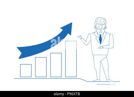 businessman financial graphs business analytics concept growth arrow diagram over white background full length Stock Vector