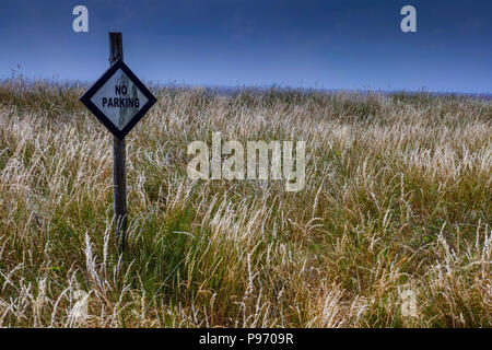 No parking sign in grass, Spurn Head, Spurn Point, sand spit, near Hull East Yorkshire, UK Stock Photo