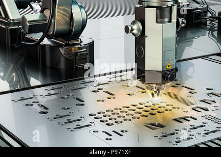 Laser cutting by robotic arm closeup, 3D rendering Stock Photo