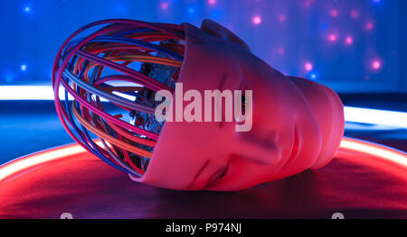 Sad robot head, female cyborg new experiment Stock Photo