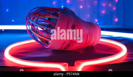 Robot face, mechanical experimental robotic head with wires Stock Photo