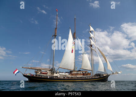 Sunderland, UK. 14th July 2018. The Gulden Leeuw, a Dutch ship, on the North Sea at the beginning of the first leg of the 2018 Tall Ships Race, to Ebsjerg in Denmark. More than 50 tall ships were docked in the Port of Sunderland, in north-east England, from 11 to 14 July 2018. Credit: Stuart Forster/Alamy Live News Stock Photo