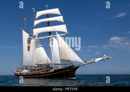 Sunderland, UK. 14th July 2018. The Gulden Leeuw, a Dutch ship, on the North Sea at the beginning of the first leg of the 2018 Tall Ships Race, to Ebsjerg in Denmark. More than 50 tall ships were docked in the Port of Sunderland, in north-east England, from 11 to 14 July 2018. Credit: Stuart Forster/Alamy Live News Stock Photo