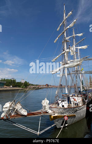 Sunderland, UK. 14th July 2018. The Tarangini prepares to depart the Port of Sunderland in the Parade of Sail marking the start of the 2018 Tall Ships Race  in Sunderland, England. The port hosted more than 50 ships from 11 to 14 July. Credit: Stuart Forster/Alamy Live News Stock Photo