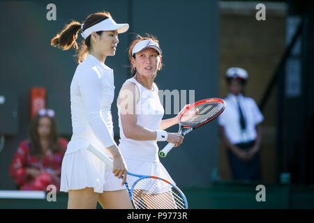 London, UK. 11th July, 2018. Ai Sugiyama (JPN), Na Li (CHN) Tennis : Ai Sugiyama of Japan and Na Li of China during the Women's invitation doubles round robin match of the Wimbledon Lawn Tennis Championships against Kim Clijsters of Belgium and Rennae Stubbs of Australia at the All England Lawn Tennis and Croquet Club in London, England . Credit: AFLO/Alamy Live News Stock Photo