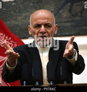 Kabul, Afghanistan. 15th July, 2018. Afghan President Ashraf Ghani speaks during a press conference in Kabul, capital of Afghanistan, July 15, 2018. Credit: Rahmat Alizadah/Xinhua/Alamy Live News Stock Photo