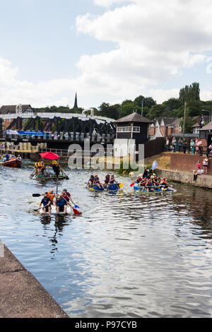 Northwich, Cheshire. 15th July 2018. The Northwich Plastics crew put clear water between themsleves and the other vessles in the raft race at the 2018 Northwich River festival. The Northwich Plastics team finished eventual overall winners with the NHS School Nurses as runners-up The 2018 Northwich River Festival, organised by the Northwich Rotary Club, is the second staging of the event following its launch in 2017. Credit: Joseph Clemson, JY News Images/Alamy Stock Photo