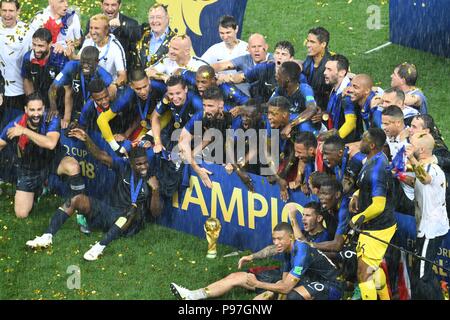 Moscow, Russia. July 15th, 2018, France national football team celebrate their victory of world cup 2018 Final at Luzhniki  stadium, Moscow. Shoja Lak/Alamy Live News Stock Photo