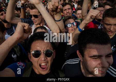 Moscow, Russia. 15th, July, 2018. French football fans support national team on Fan festival of Moscow during the World Cup 2018 FIFA, Final game, France vs. Croatia in Moscow's stadium luzhniki, Russia Stock Photo