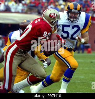 San Francisco, California, USA. 23rd Sep, 1990. San Francisco 49ers vs  Atlanta Falcons at Candlestick Park Sunday, September 23, 1990. 49ers beat  Falcons 19-13. 49er wide receiver Mike Wilson (85) attempts to