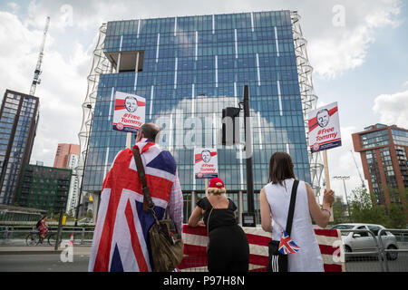 London, UK. 14th July 2018. Pro-Trump supporters gather near the US Embassy in London to celebrate the visit of the 45th President of the United States to UK. Credit: Guy Corbishley/Alamy Live News Stock Photo