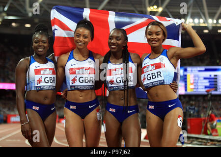 London, UK. 15th July 2018. Great Britain's women's relay team celebrate victory in the women's 4x100m relay. Athletics World Cup 2018 , day 2 at the London Stadium in Queen Elizabeth Olympic Park, Stratford on Sunday 15th July 2018. the inaugural event features eight nations; USA, GB & NI, Poland, China, Germany, France, Jamaica and South Africa.  this image may only be used for Editorial purposes. Editorial use only,  pic by Steffan Bowen/Andrew Orchard sports photography/Alamy Live news Stock Photo