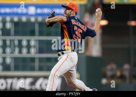 Houston, TX, USA. 15th July, 2018. Houston Astros starting pitcher Justin Verlander (35) pitches during a Major League Baseball game between the Houston Astros and the Detroit Tigers at Minute Maid Park in Houston, TX. The Tigers won the game 6 to 3.Trask Smith/CSM/Alamy Live News Stock Photo