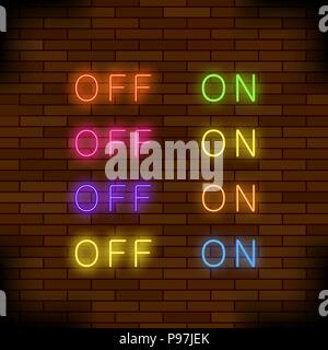 On and Off Lamp Neon Light Toggle Switch Sign. Colorful Fluorescent Buttons Stock Vector