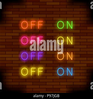 On and Off Lamp Neon Light Toggle Switch Sign. Colorful Fluorescent Buttons Stock Photo