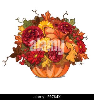 Floral arrangement of bright flowers in ripe orange pumpkin isolated on a white background. Vector cartoon close-up illustration. Stock Vector