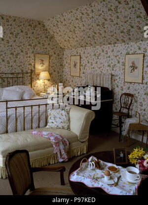 Floral Wallpaper On Walls And Ceiling Of Eighties Attic