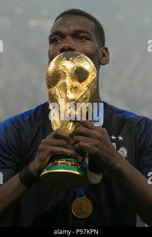 France's Paul Pogba celebrates with the trophy after winning the FIFA World Cup Final at the Luzhniki Stadium, Moscow. Stock Photo