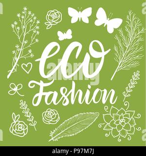 Set Vector Eco Fashion style blogger white inscription lettering calligraphy isolated on green background. Stock Vector