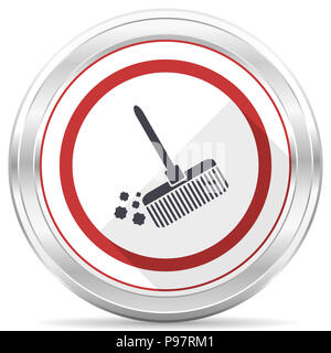 Broom silver metallic chrome border round web icon on white background Stock Photo